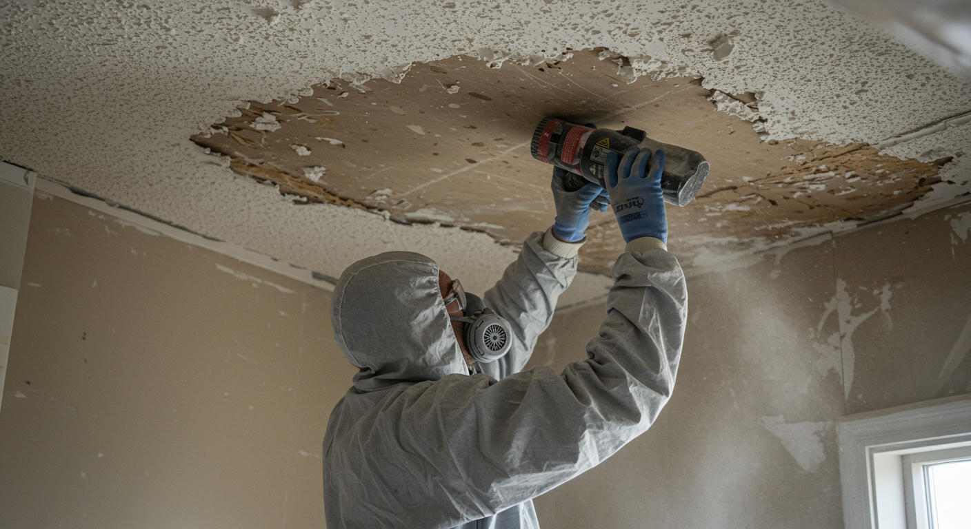 A professional contractor in protective gear carefully removing a popcorn ceiling, showcasing the abatement process. Dust and debris are visible, emphasizing the meticulous nature of the work.