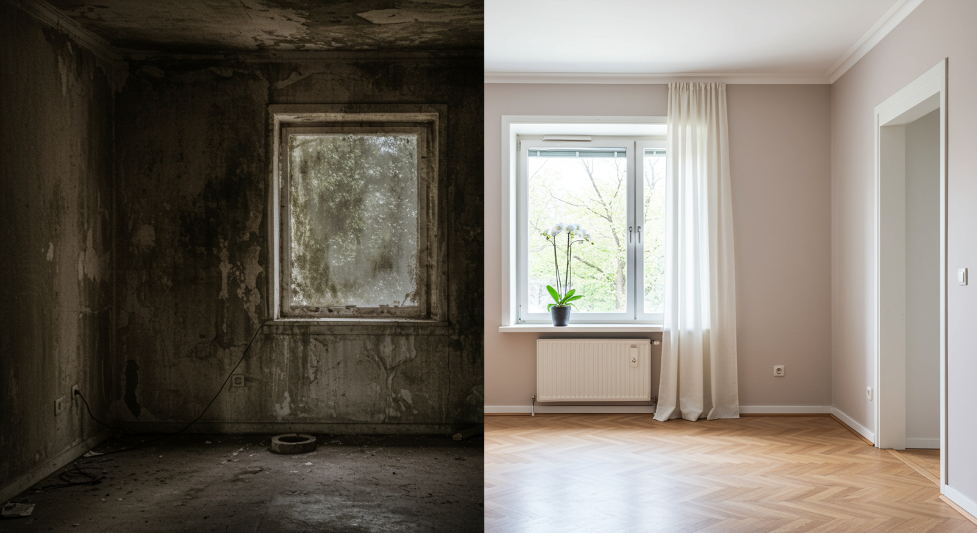 A split image showing a room before and after mold removal. One side depicts dark, moldy walls, while the other side showcases a bright, clean, and inviting space.