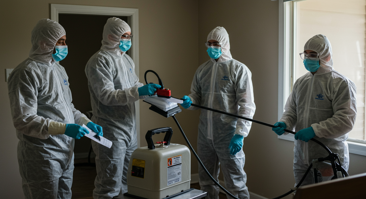A team of mold remediation professionals in protective gear actively working in a home, using equipment to remove mold and restore the environment.