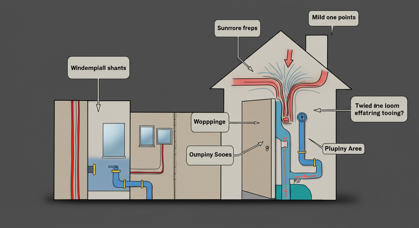 An illustrative image showing various common entry points for mold in a house, such as windows, doors, and plumbing areas. The image features arrows pointing to these areas, with a house silhouette in the background.