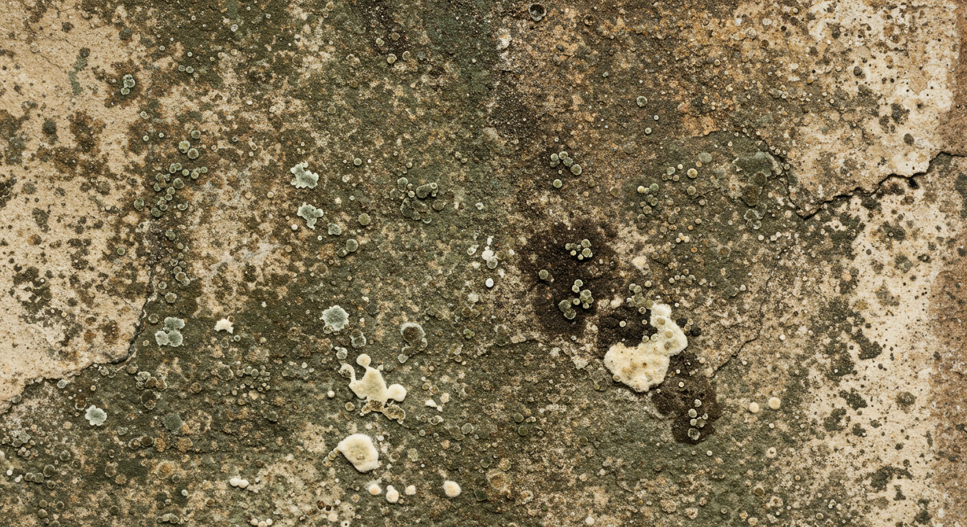 A close-up shot of mold growth on a basement wall, showcasing different types of mold in varying colors and textures. The image captures the dampness of the environment, with water stains visible.