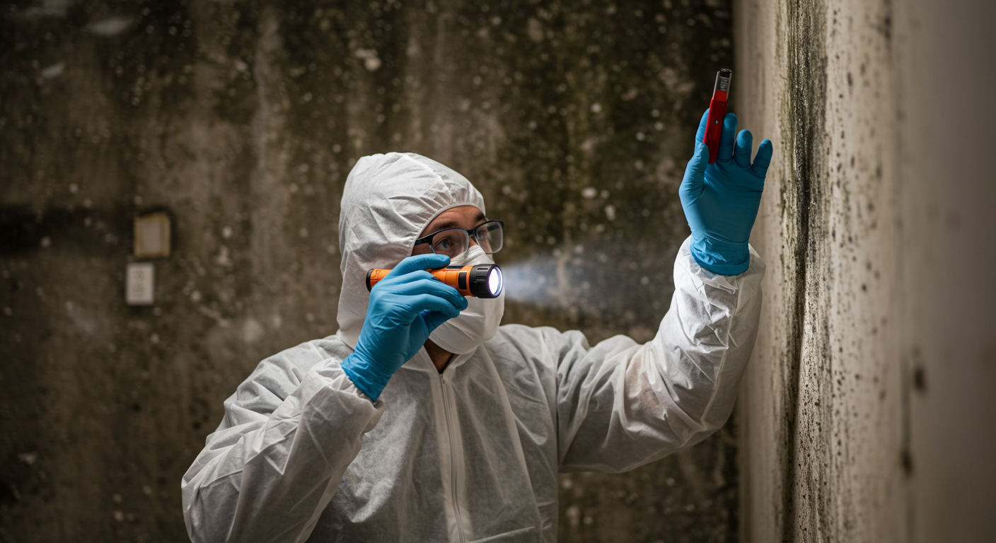A professional mold inspector examining a wall with visible black mold, using a flashlight and tools. The inspector is wearing protective gear, showcasing a serious approach to safety.