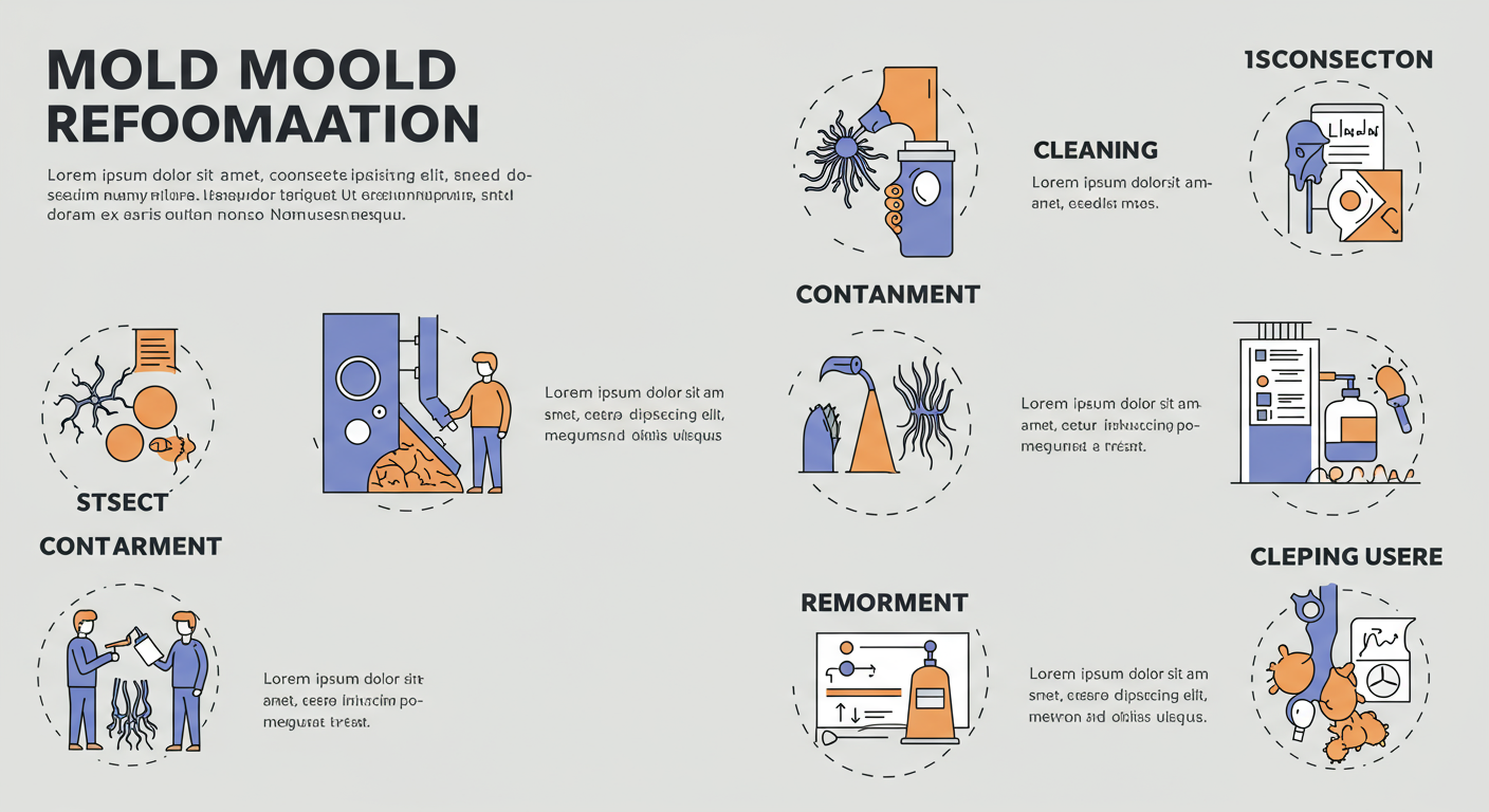 An infographic-style image showing the steps of the mold remediation process, with visual representations of each step.