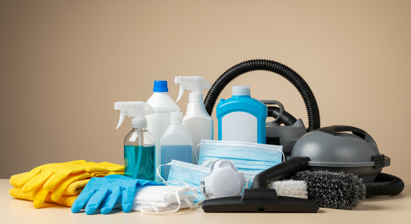 A neatly arranged display of essential mold removal tools and supplies on a clean surface. Items include gloves, masks, a spray bottle with cleaning solution, a scrub brush, and a HEPA vacuum, all set against a neutral background.