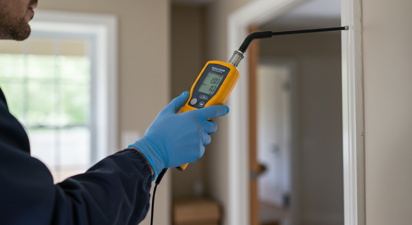 A mold inspector using a moisture meter on a wall in a home. The focus is on the inspector's concentration and the equipment, with a blurred background of the home environment.
