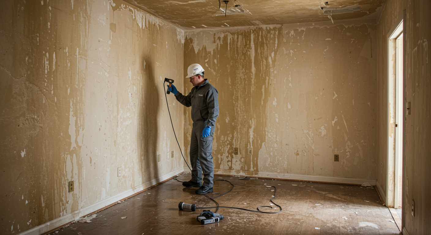 A professional restoration technician inspecting a water-damaged room with visible water stains on the walls and flooring. The technician is using moisture detection equipment.