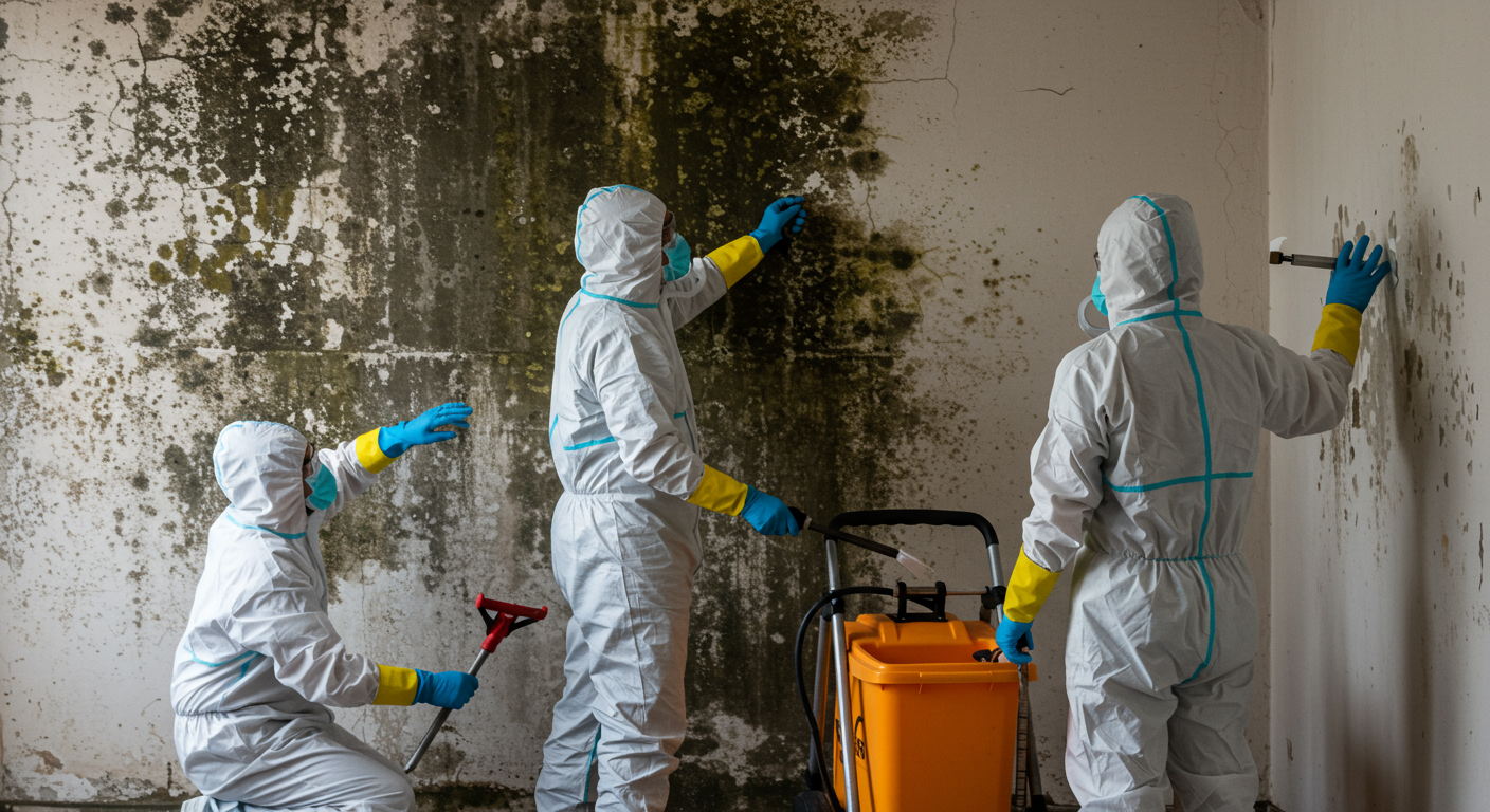 A team of professionals in protective suits working together to remove mold from a wall. They are using specialized equipment and tools.